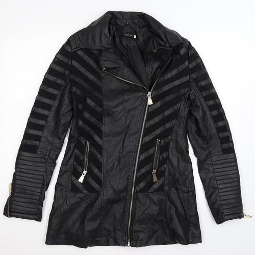 L'olive Verte Womens Black Striped  Biker Coat Size L  - faux leather