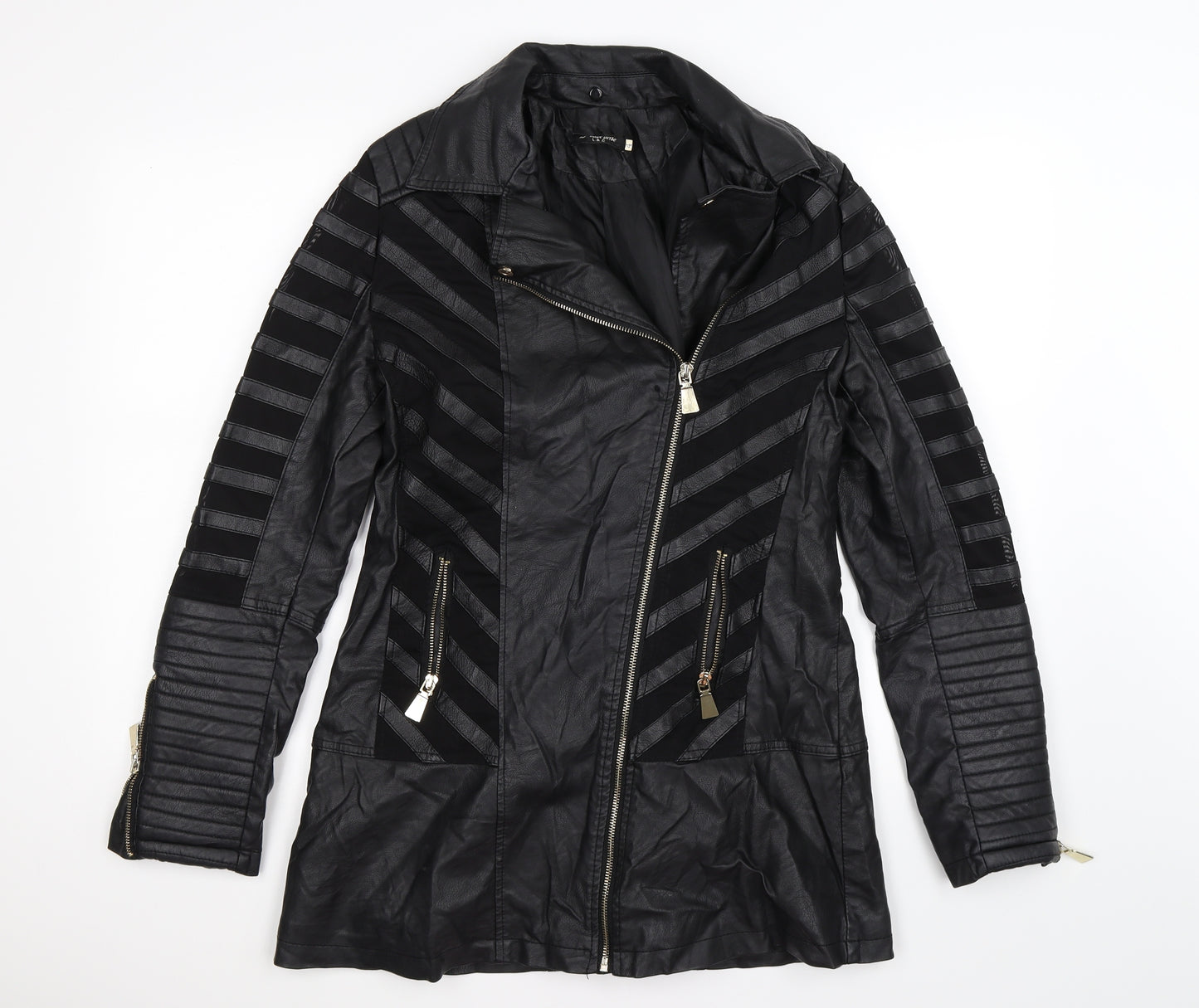 L'olive Verte Womens Black Striped  Biker Coat Size L  - faux leather