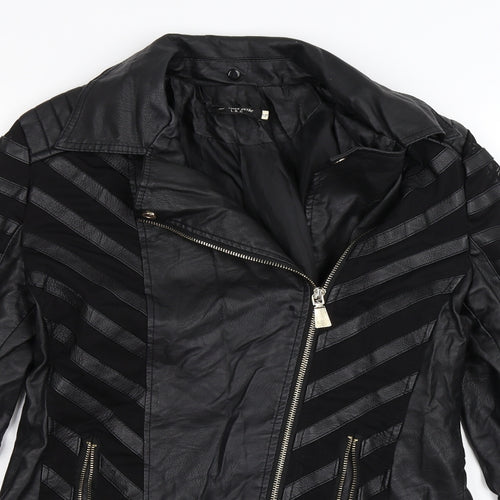 L'olive Verte Womens Black Striped  Biker Coat Size L  - faux leather
