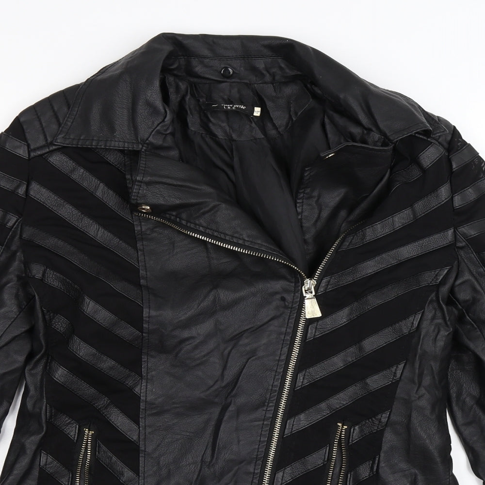 L'olive Verte Womens Black Striped  Biker Coat Size L  - faux leather