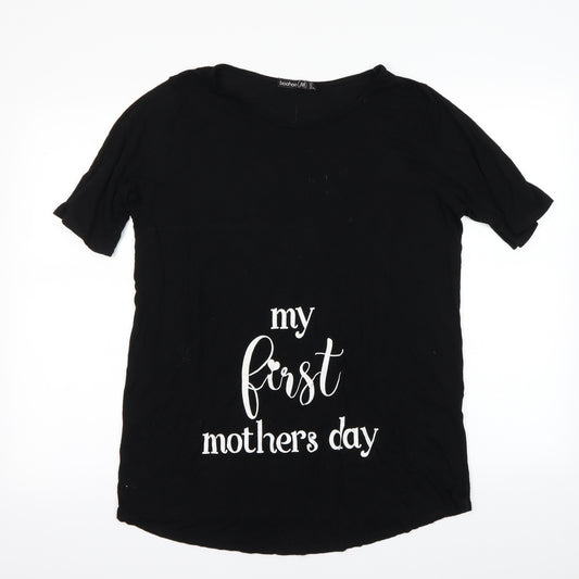 Front view of Boohoo women’s black basic t-shirt, size UK 12