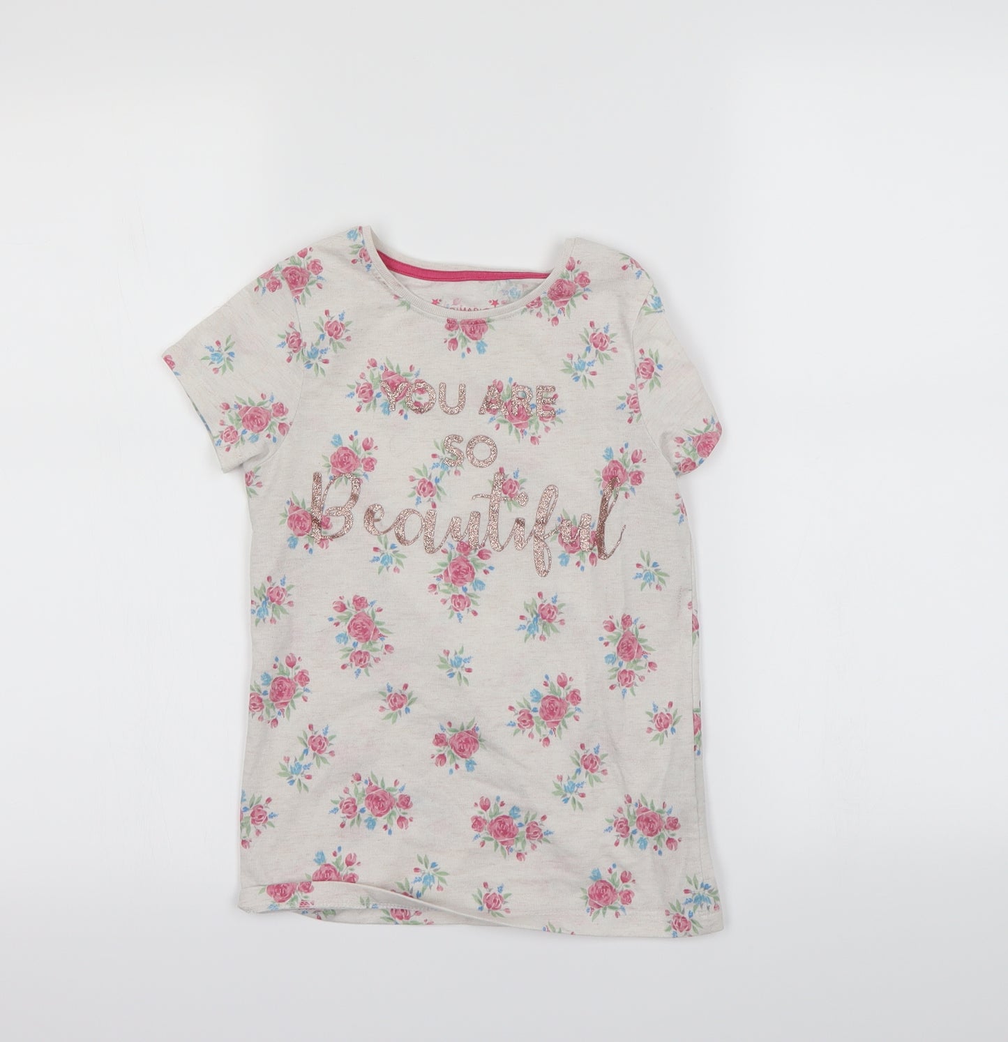 Primark Girls Beige Floral  Basic T-Shirt Size 8-9 Years