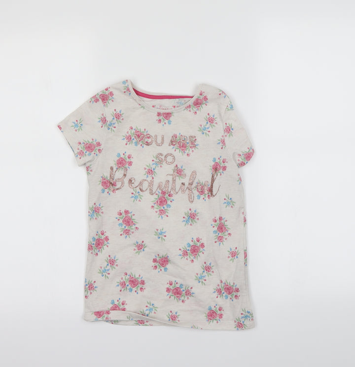 Primark Girls Beige Floral  Basic T-Shirt Size 8-9 Years