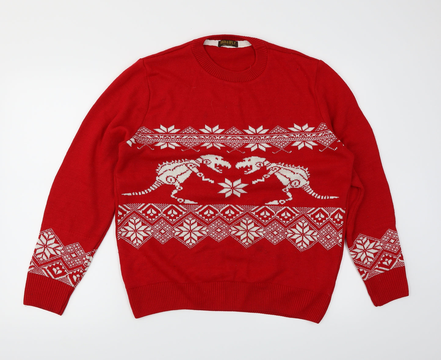 Run & Fly Mens Red  Knit Pullover Jumper Size XL  - Christmas Dinosaur