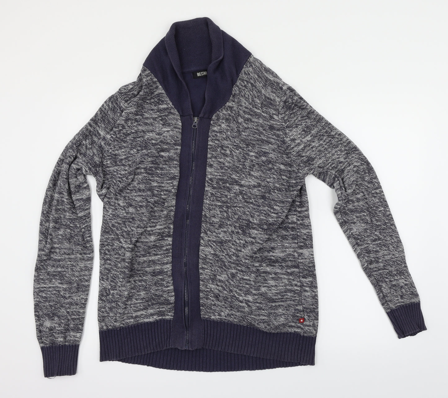 BIG STAR Mens Blue Herringbone  Full Zip Jumper Size L