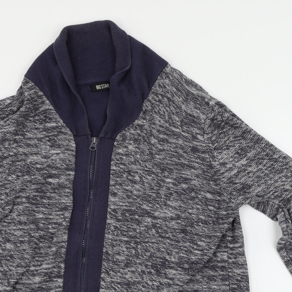 BIG STAR Mens Blue Herringbone  Full Zip Jumper Size L