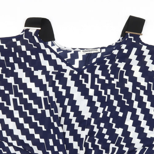 Vinceotto Womens Blue Geometric Mesh Basic Blouse Size L  - Open Shoulders