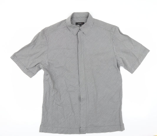 Front view of Next men’s black check button-up, size M