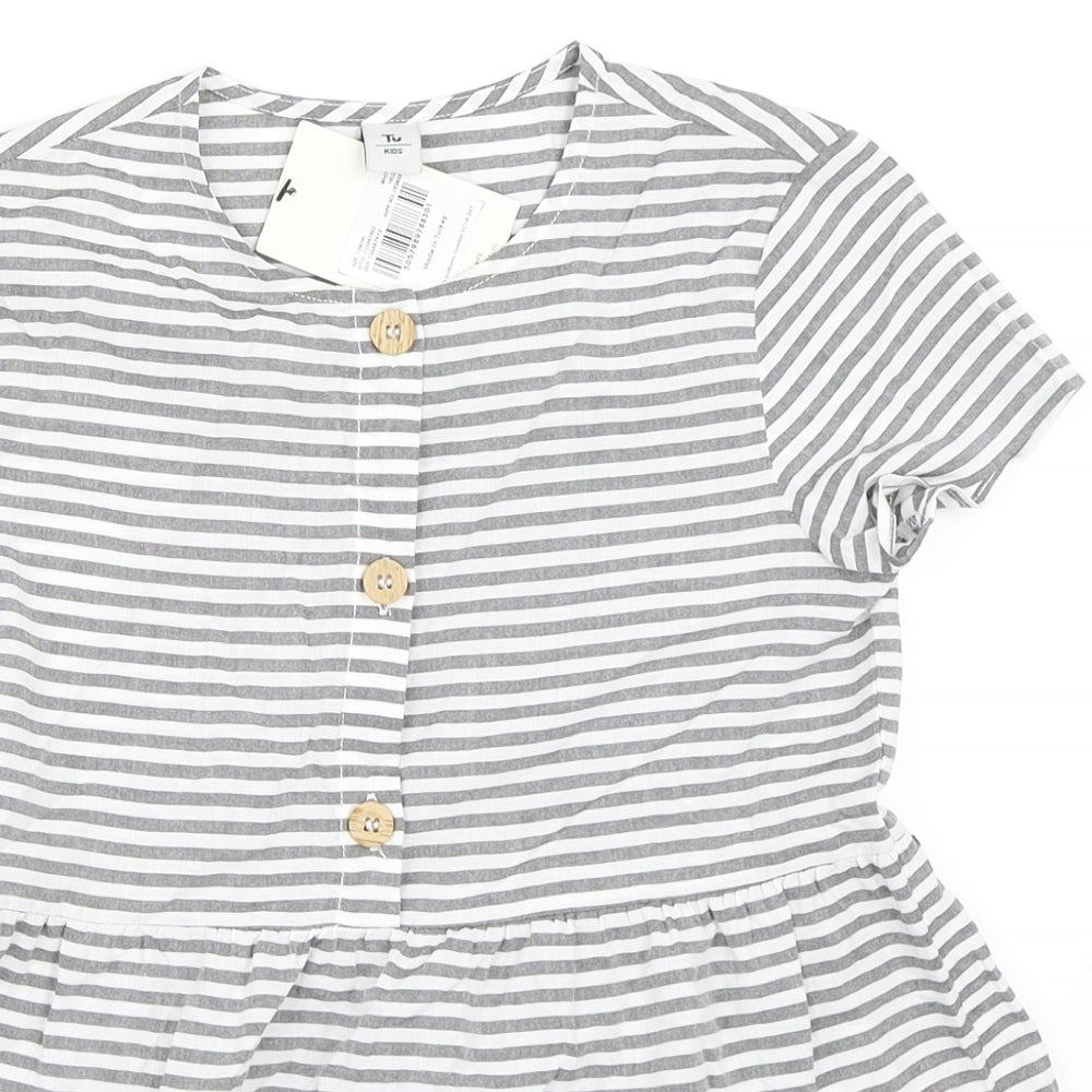 TU Girls Grey Striped  Basic Blouse Size 9 Years