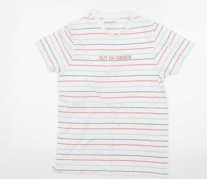 Primark Mens White Striped Jersey T-Shirt Size S - Out of Order