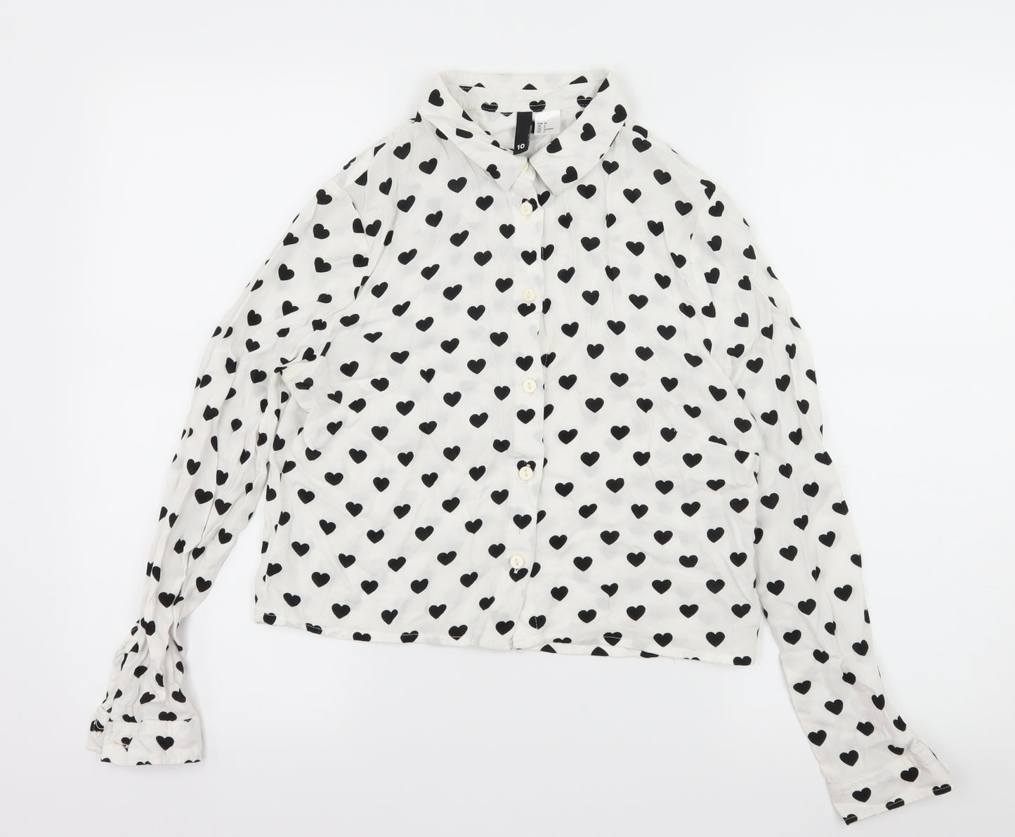 H&M Womens White Geometric  Basic Button-Up Size 10  - Cropped Love heart