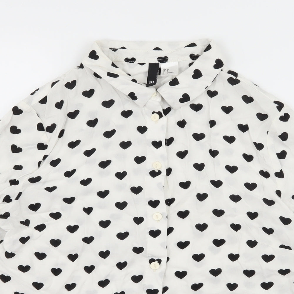 H&M Womens White Geometric  Basic Button-Up Size 10  - Cropped Love heart