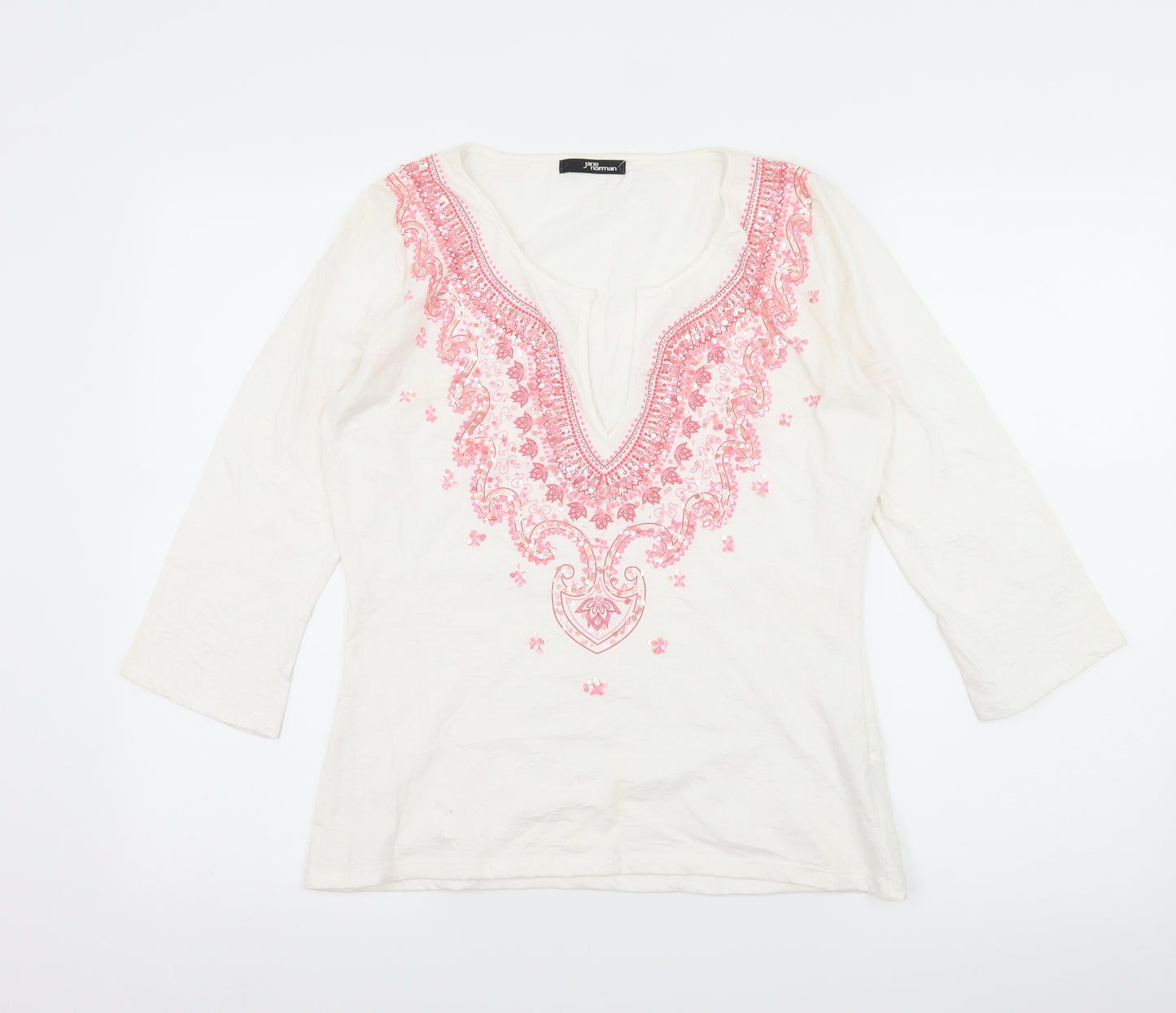 Jane Norman Womens White Geometric Jersey Basic T-Shirt Size 14