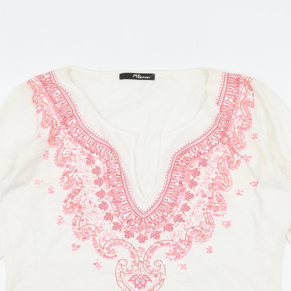 Jane Norman Womens White Geometric Jersey Basic T-Shirt Size 14