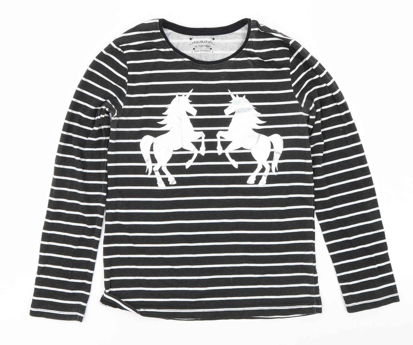 Primark Girls Black Striped  Basic T-Shirt Size 10-11 Years