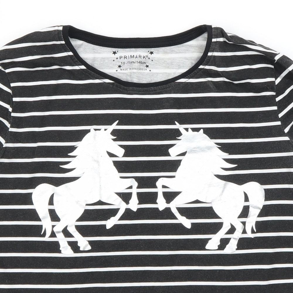 Primark Girls Black Striped  Basic T-Shirt Size 10-11 Years