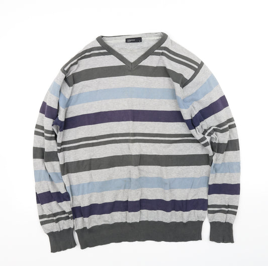 Front view of Cedarwood State men’s grey striped jumper, size L