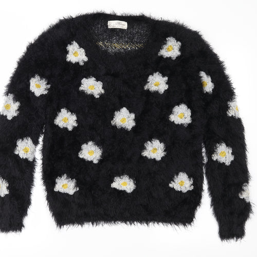 Preworn Womens Black Floral Knit Pullover Jumper Size M