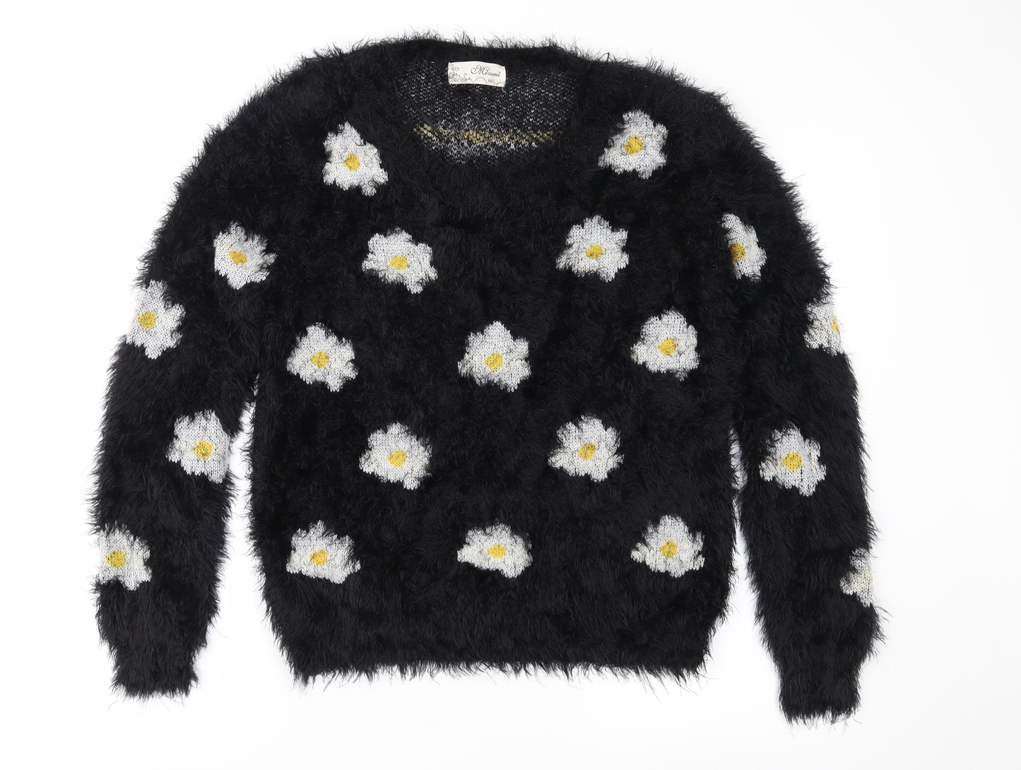Preworn Womens Black Floral Knit Pullover Jumper Size M