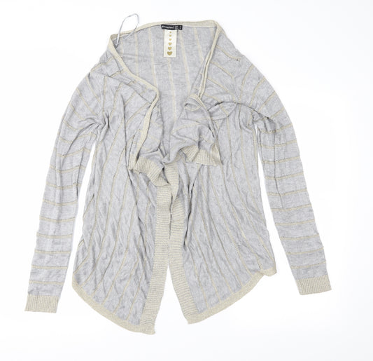 Front view of Atmosphere women’s grey striped knit cardigan jumper, size UK 12