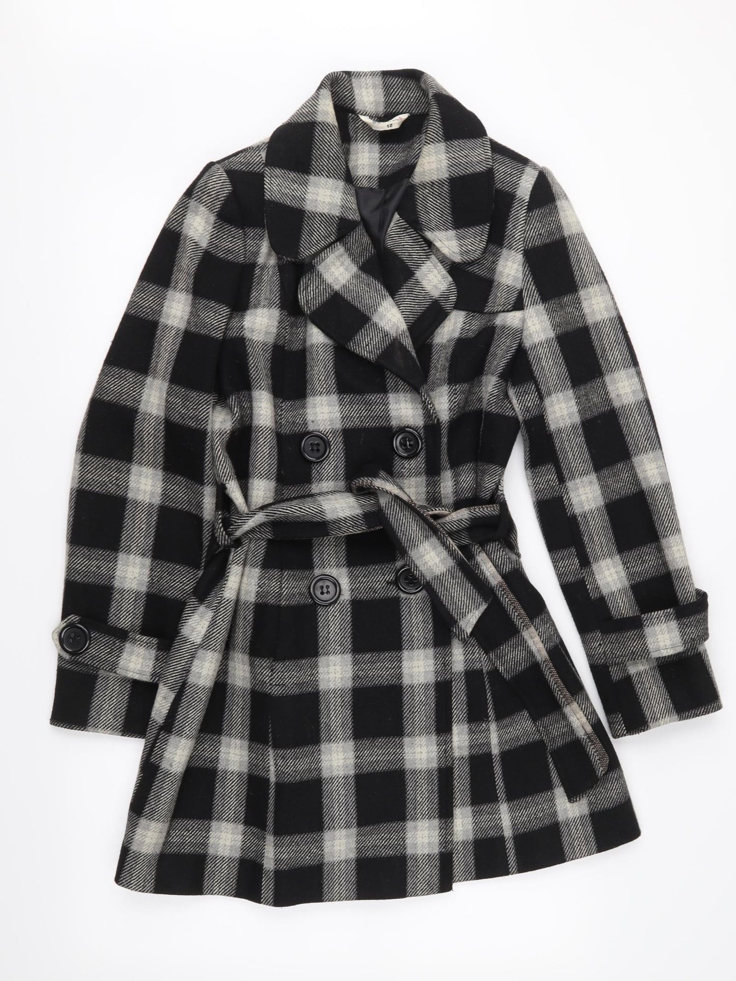 Select Womens Black Check Twill Overcoat Coat Size 12