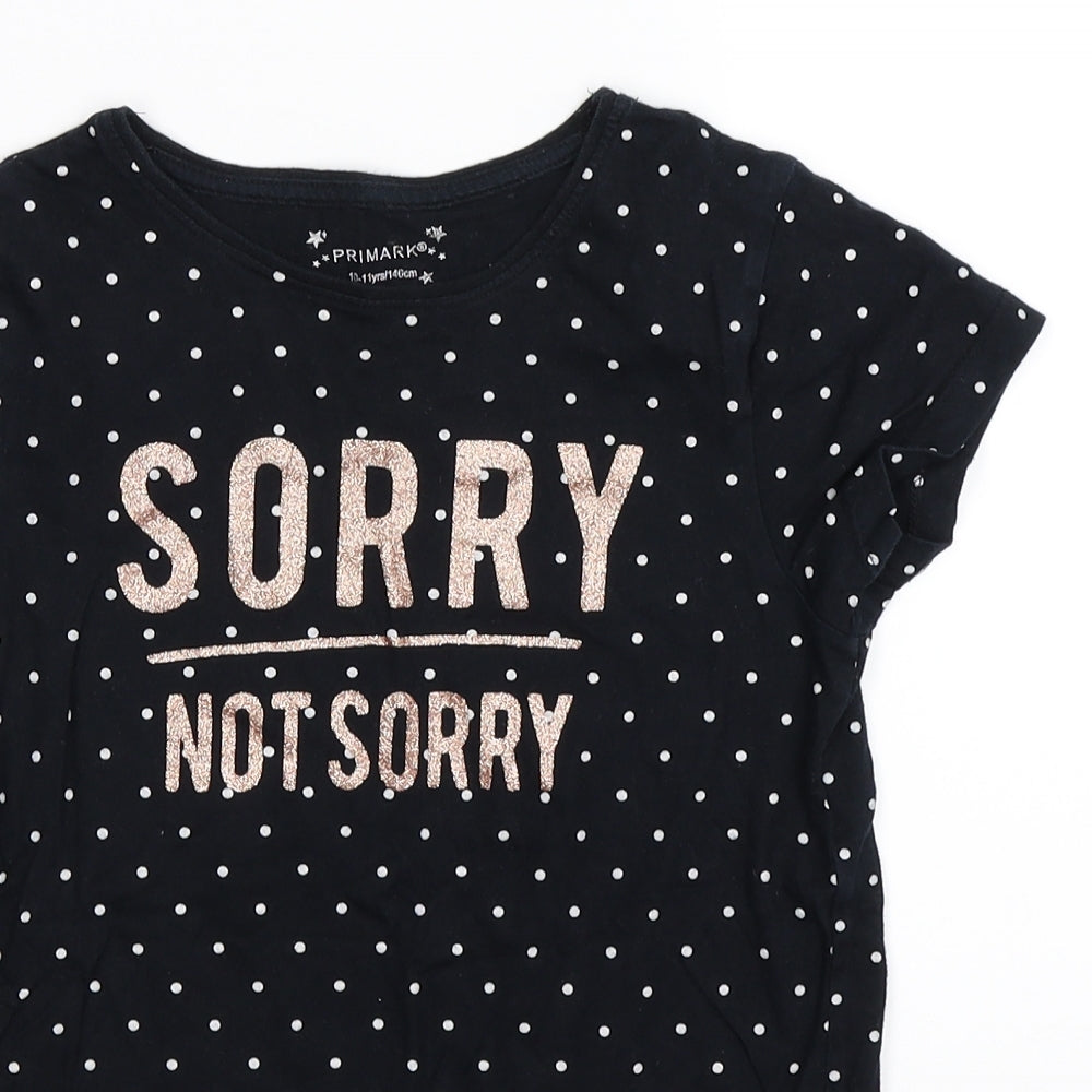 Primark Girls Black Spotted  Basic T-Shirt Size 10-11 Years