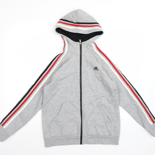 adidas Boys Grey Striped Jersey Full Zip Hoodie Size 13-14 Years
