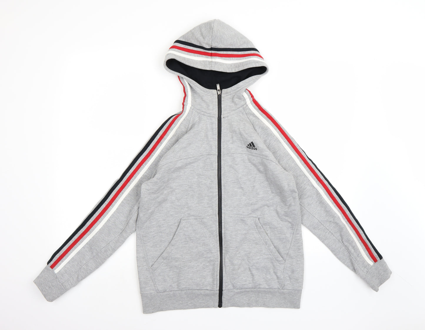 adidas Boys Grey Striped Jersey Full Zip Hoodie Size 13-14 Years