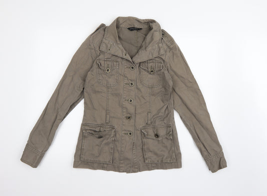 Front view of Dorothy Perkins women’s green denim jacket, size UK 8