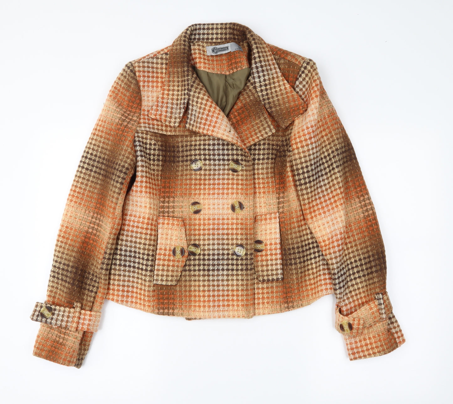 Stradivarius Womens Orange Plaid  Pea Coat Coat Size M