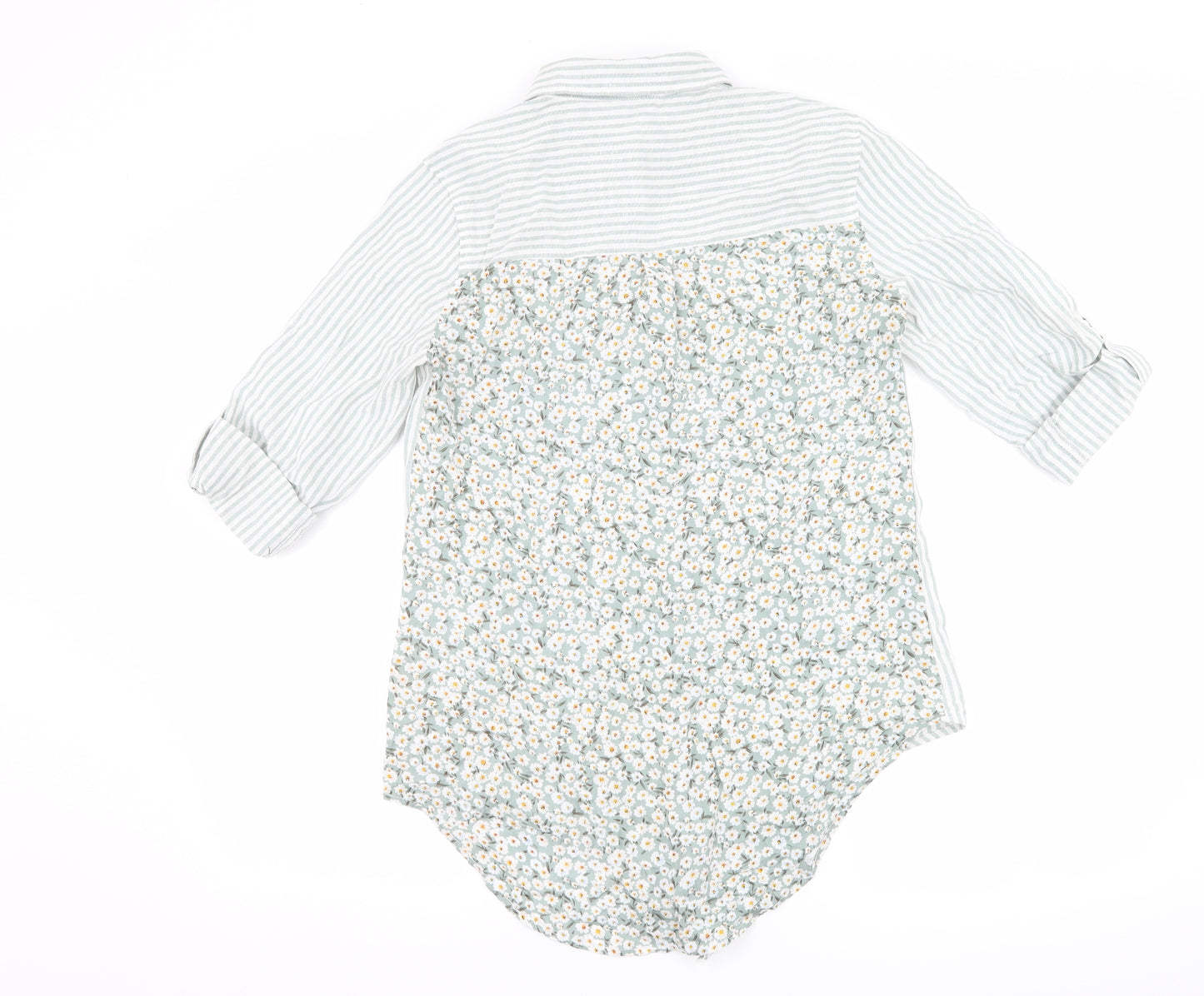 love notes Womens Green Striped  Basic Button-Up Size S  - Flower Detail