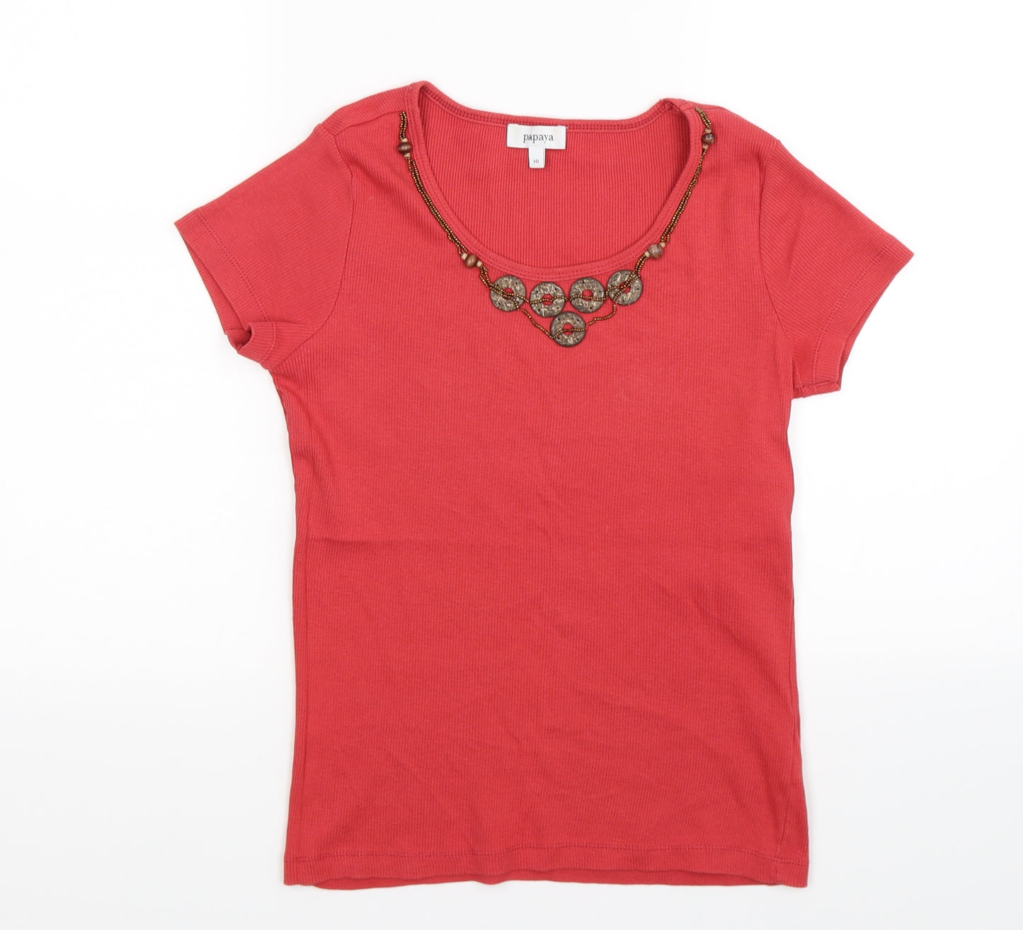 Papaya Womens Red  Knit Basic T-Shirt Size 10  - beaded neckline