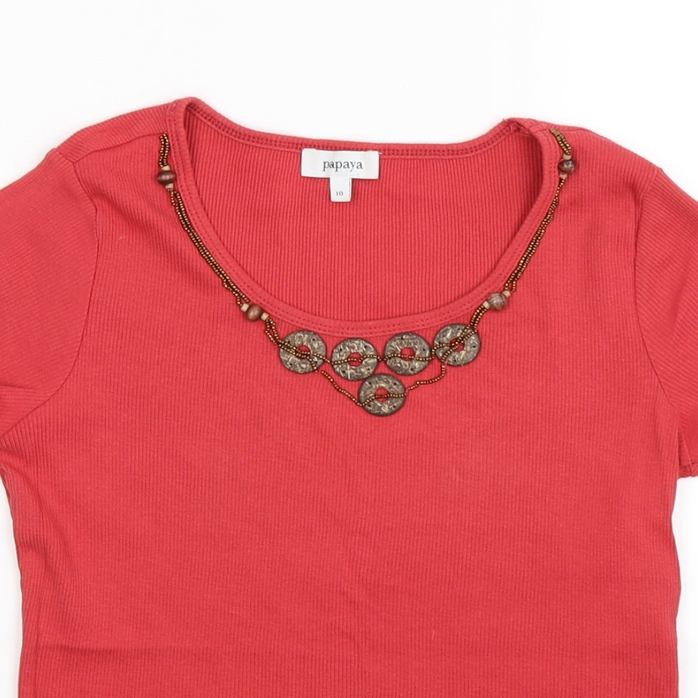 Papaya Womens Red  Knit Basic T-Shirt Size 10  - beaded neckline