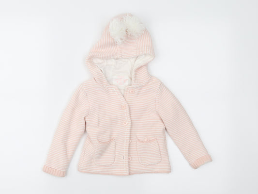 Front view of F&F girls’ pink striped parka jacket, size 9-12, months
