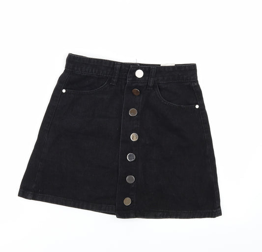 Front view of denim club women’s black denim mini skirt, size UK 8