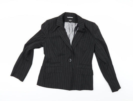 Front view of Marks & Spencer women’s black striped jacket suit jacket, size UK 12