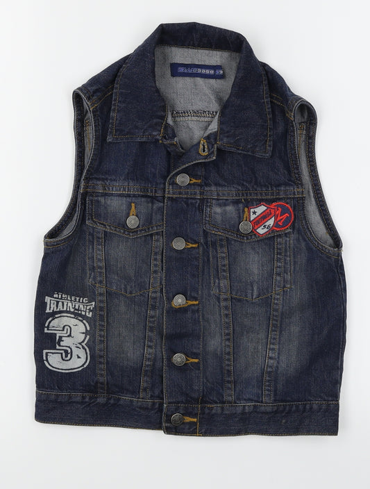 Front view of Blue Base boys’ blue denim gilet waistcoat, size 4-5, years