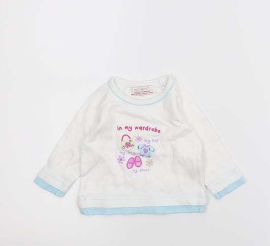 Front view of Early days girls’ white basic t-shirt, size 3-6, months