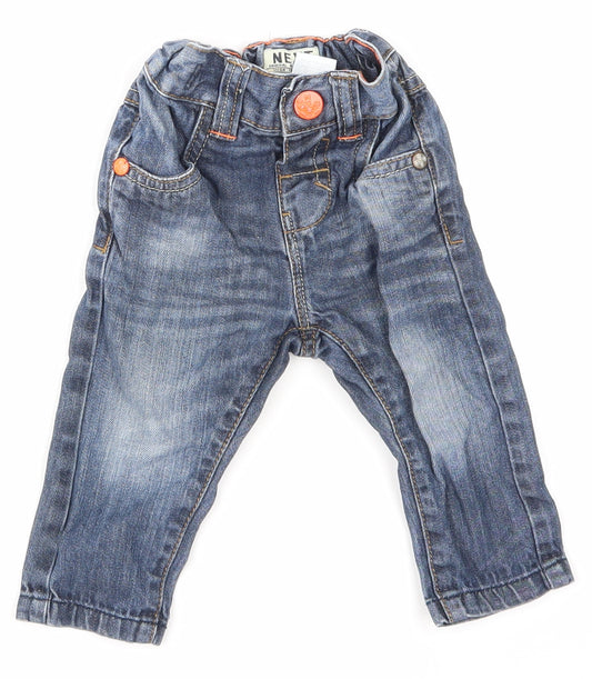 Front view of Next boys’ blue denim cargo jeans, size 6-9, months