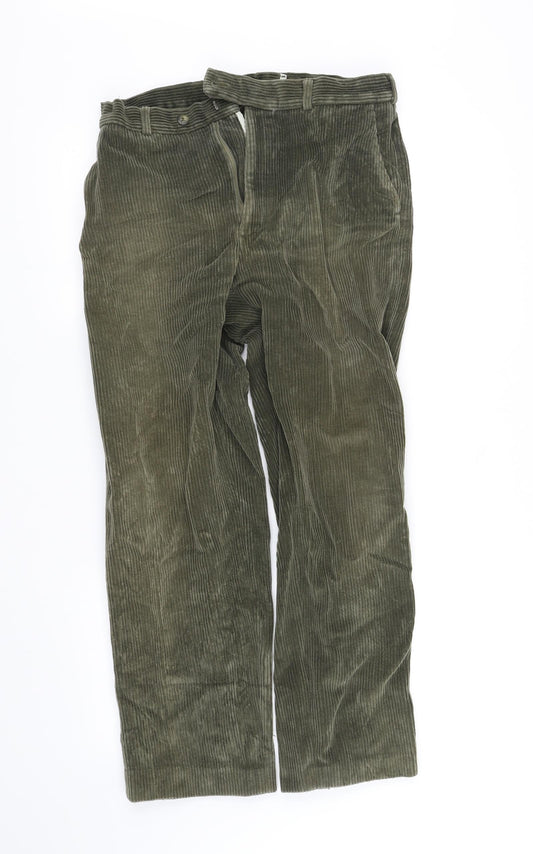 Front view of pre worn men’s gold trousers, size M, 28-inch leg