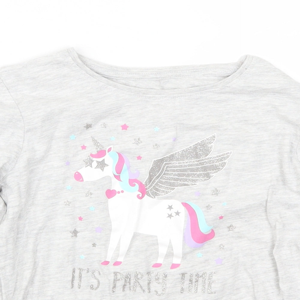 Primark Girls Grey   Basic T-Shirt Size 6-7 Years  - Unicorn It's Party Time