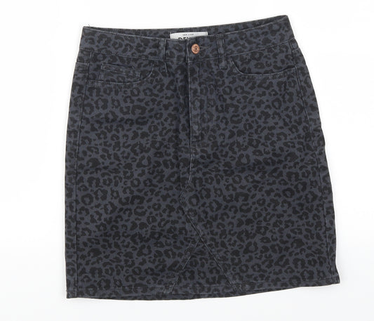 Front view of New Look women’s blue animal print denim mini skirt, size UK 6