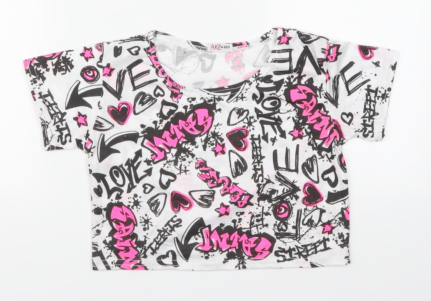 A to Z Girls White   Cropped T-Shirt Size 13 Years  - Graffiti