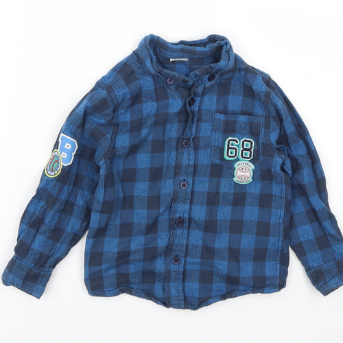 F&F Boys Blue Check  Basic Button-Up Size 2-3 Years  - Baseball Champion Badge