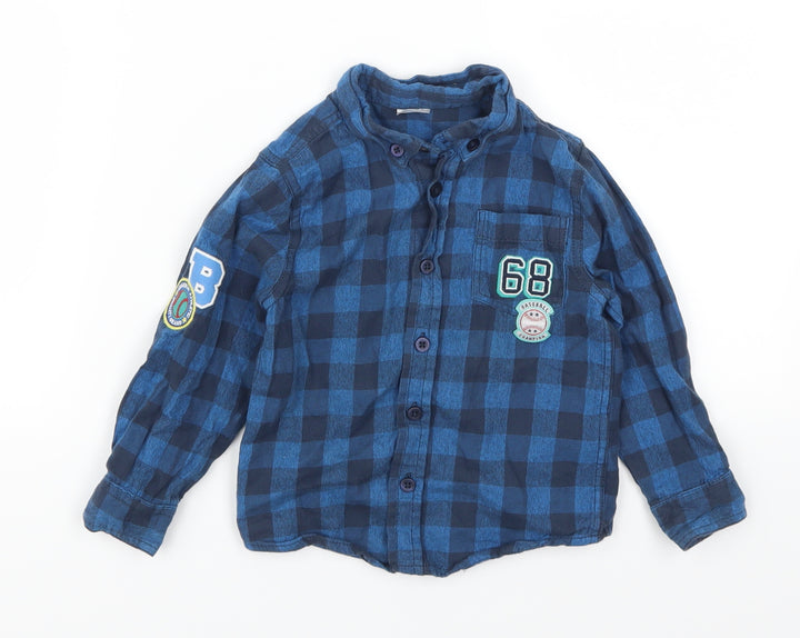 F&F Boys Blue Check Basic Button-Up Size 2-3 Years - Baseball Champion Badge