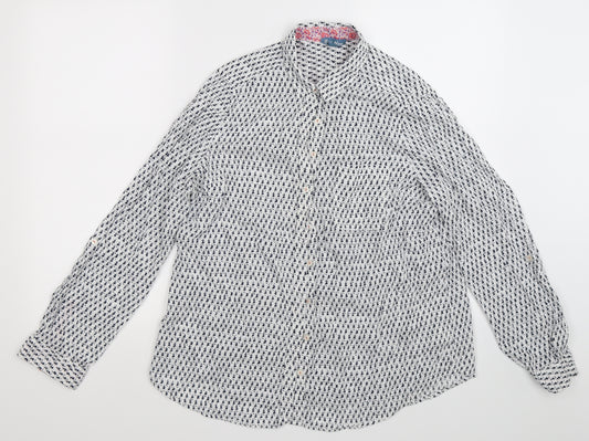 Front view of Fleur Bleue women’s white floral basic button-up, size XL