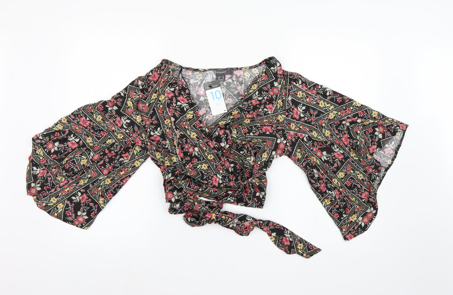 Primark Womens Black Floral  Wrap Blouse Size 10