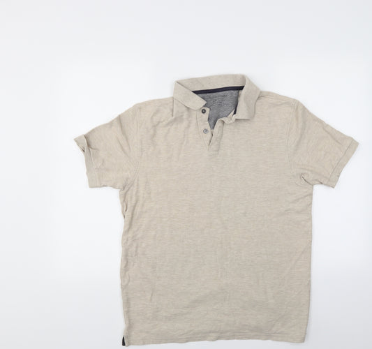 Front view of modern essentials men’s beige polo, size M