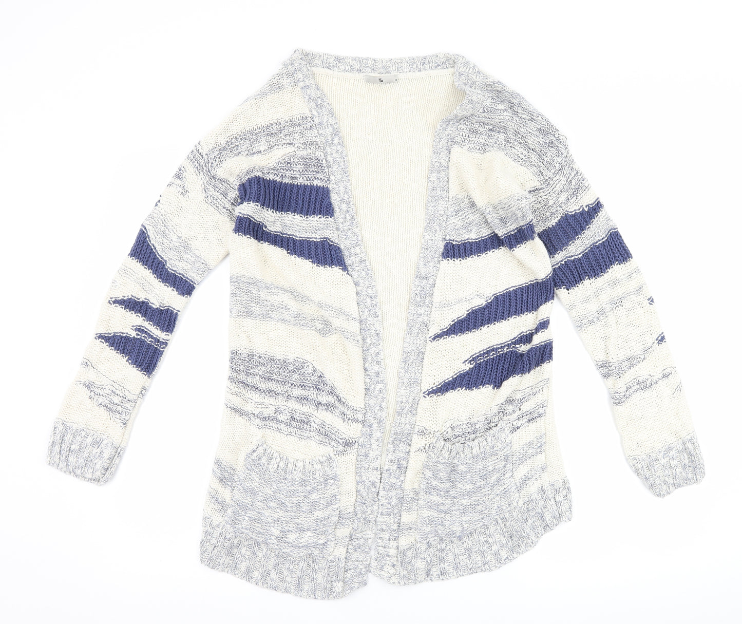 TU Womens White Striped  Cardigan Jumper Size 12