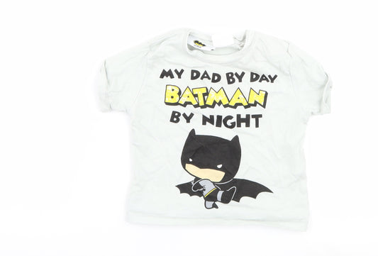 Front view of Zara Baby Blue Basic T-Shirt, size 3-6, Months - batman dad slogan